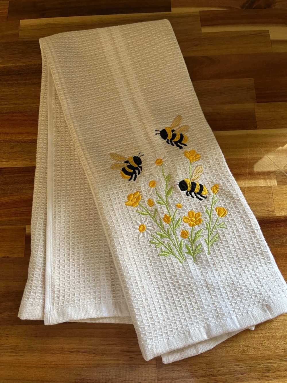 White Waffle Weave Kitchen Towel with Embroidered Yellow Bees